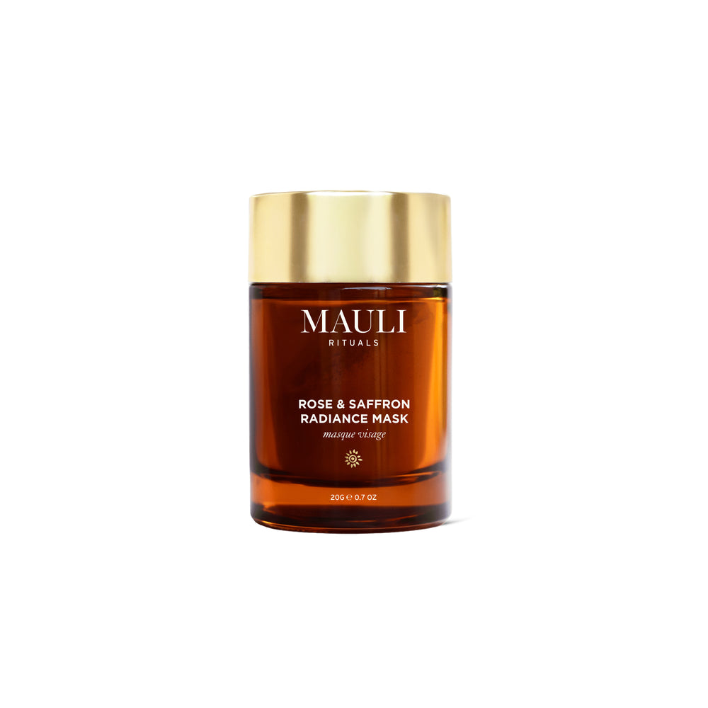 MAULI Rituals Rose & Saffron Radiance Mask jar with gold lid on a white background