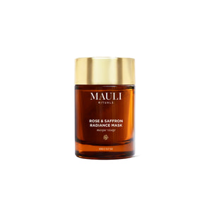 MAULI Rituals Rose & Saffron Radiance Mask jar with gold lid on a white background