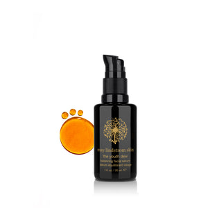 Black serum bottle with gold logo and dropper on a white background