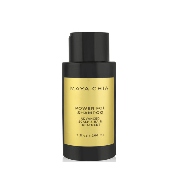 MAYA CHIA The POWER FOL Shampoo bottle with recyclable packaging, featuring key ingredients like kombucha, chia seed extract, and amaranth seed extract.