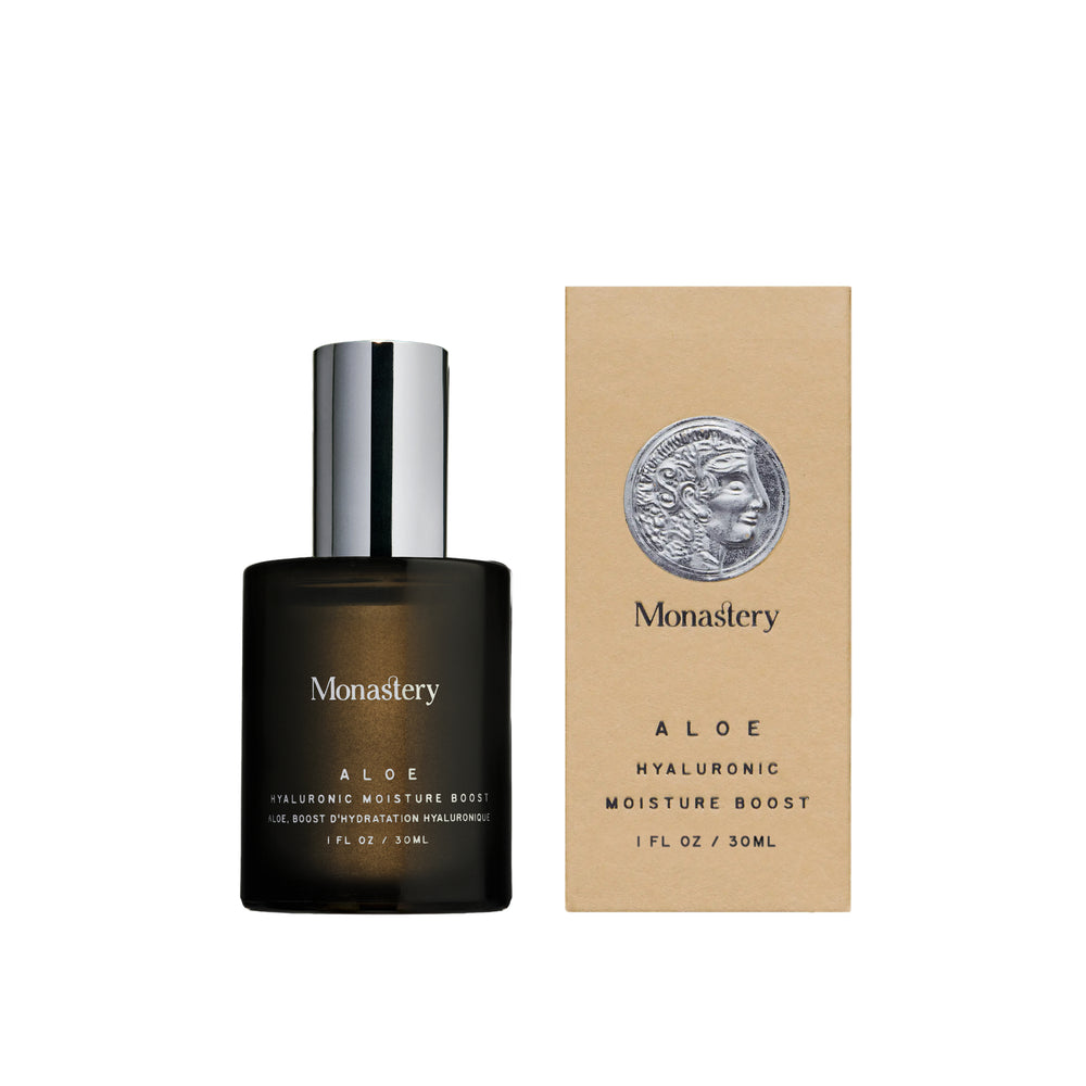 Monastery Aloe Hyaluronic Moisture Boost gel serum in a 30ml glass bottle, featuring an aloe-based formula with hyaluronic acid for lightweight hydration and a fresh, calming skincare ritual.