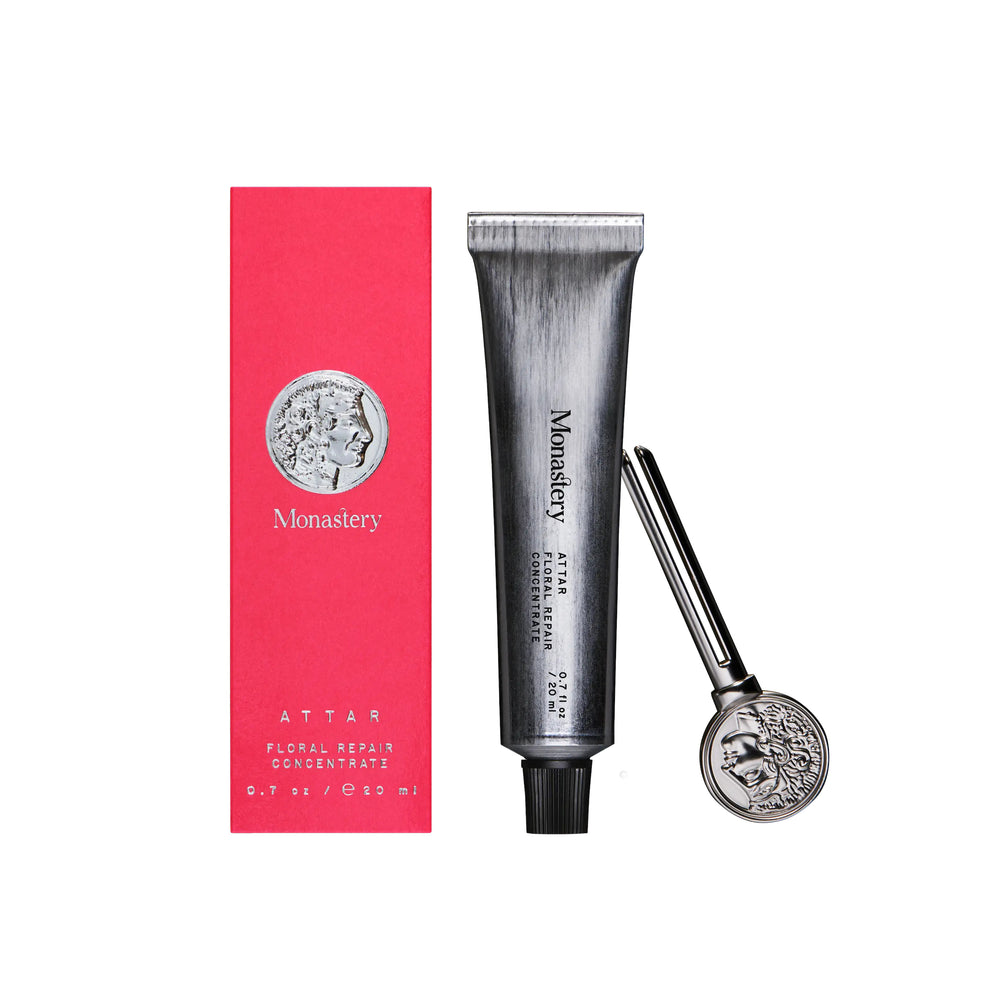 Attar Floral Concentrate Balm by Monastery in 20ml silver tube, a nutrient-rich botanical skincare balm with rose, jasmine, and hazelnut oils.