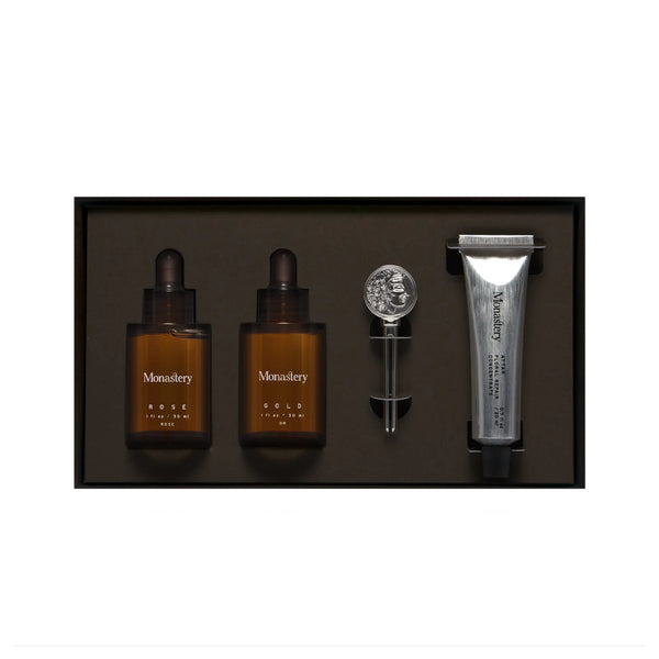Monastery Made Essentials Kit with Rose Cleansing Oil, Gold Face Oil, and Attar Balm.