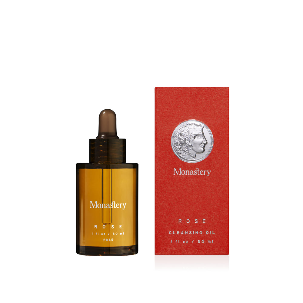 Monastery Rose Cleansing Oil bottle and packaging on a white background