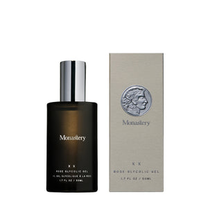 MONASTERY XX Rose Glycolic Gel in glass bottle with silver cap next to its box packaging, on white background