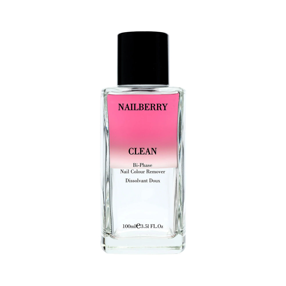 Bottle of NAILBERRY Clean Bi-Phase Nail Colour Remover with dual-phase formula for gentle polish removal and nail care.