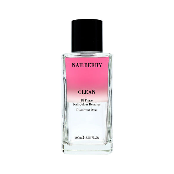 Bottle of NAILBERRY Clean Bi-Phase Nail Colour Remover with dual-phase formula for gentle polish removal and nail care.