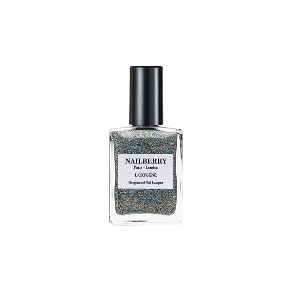 NAILBERRY Cosmic fine glitter top coat with holographic shimmer, perfect for adding a dazzling, versatile sparkle to any manicure. Vegan, cruelty-free, and breathable formula.