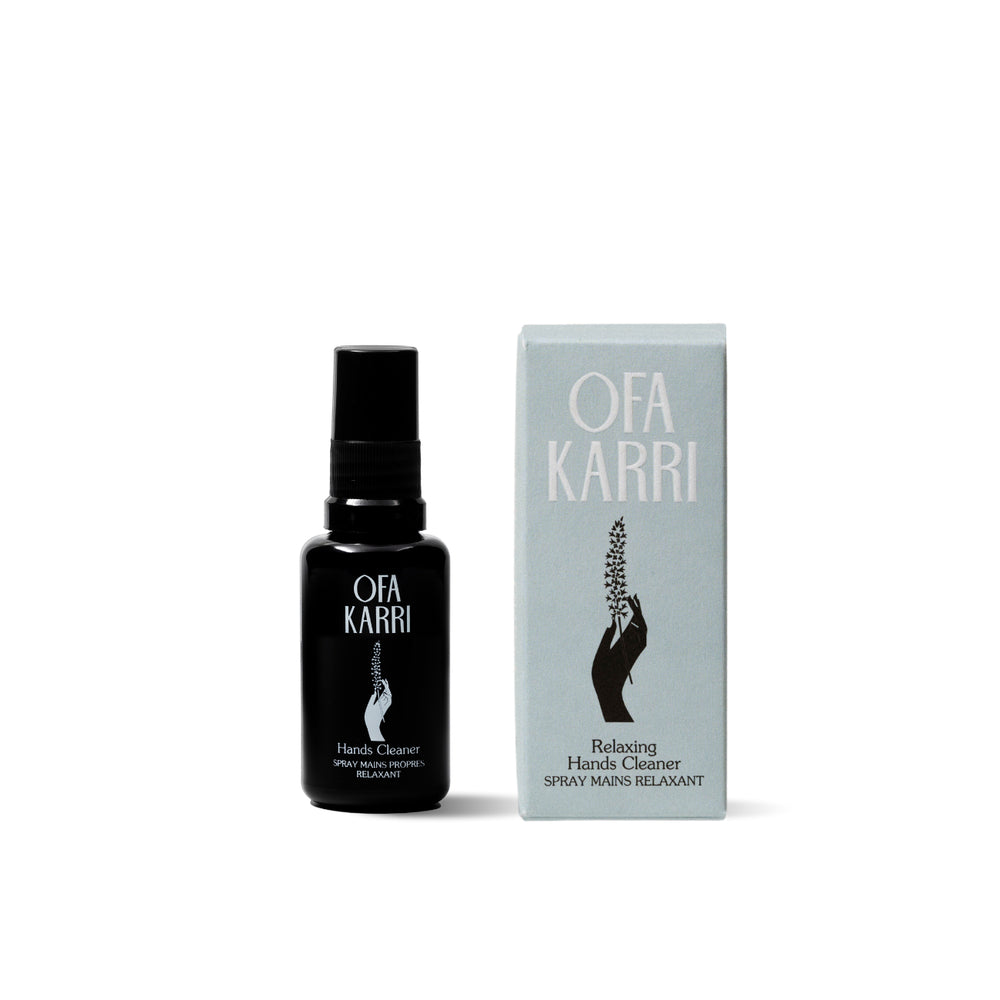 OFA KARRI Hands Cleaner Lavender – natural hand spray with organic lavender essential oil in a 30ml purple glass bottle.
