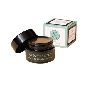 Olio E Osso Salvezza Jell in black glass jar and box packaging on a white background