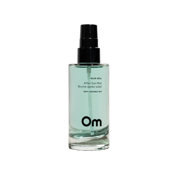 OM Organics Blue Azul After Sun Mist in a 105 ml bottle, featuring aloe vera, peppermint water, and coconut water to soothe and hydrate post-sun skin. Ideal for face and body, with a cooling peppermint and aloe scent.