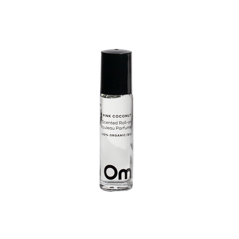 Om Organics Pink Coconut Scented Roll On – a warm coconut and rose fragrance in a roll-on bottle.