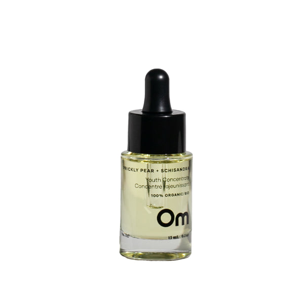 Om Organics Prickly Pear + Schisandra Youth Concentrate bottle, showcasing the luxurious formula that nourishes and hydrates the skin for a radiant, replenished appearance.