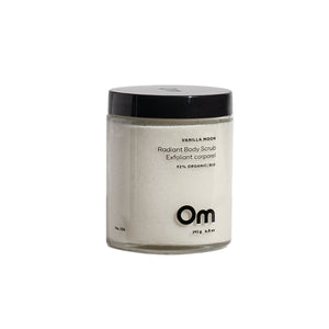Om Organics Vanilla Moon Radiant Body Scrub in a jar, featuring a rich, exfoliating blend with coconut oil and vanilla essence for soft, glowing skin.