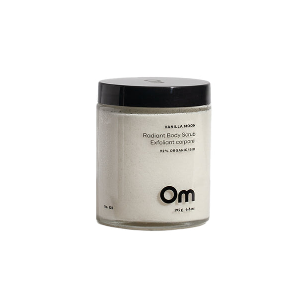 Om Organics Vanilla Moon Radiant Body Scrub in a jar, featuring a rich, exfoliating blend with coconut oil and vanilla essence for soft, glowing skin.