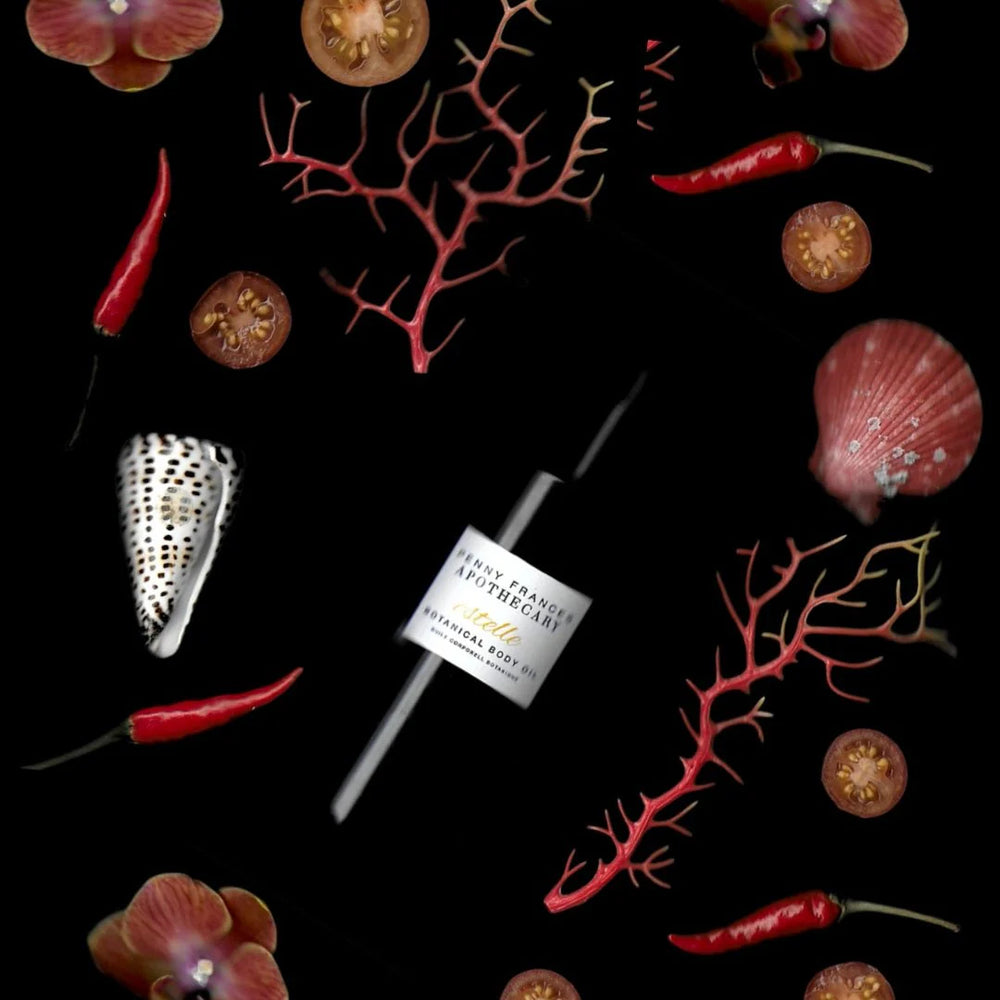 Bottle of Penny Frances Apothecary Estelle Body Oil with ingredients like prickly pear seed oil, watermelon seed oil, and lavender essence, perfect for soft, radiant skin.