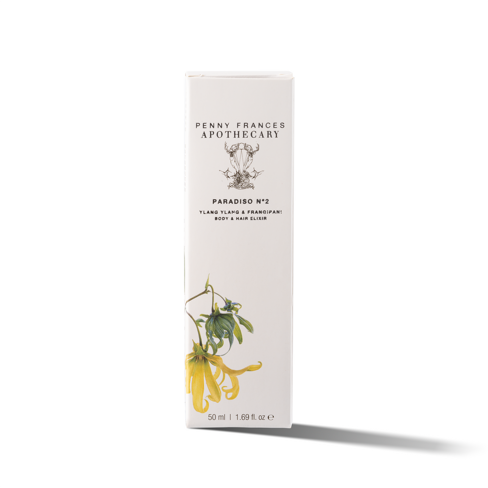 Bottle of Penny Frances Apothecary Paradiso No.2 Body & Hair Elixir, a luxurious botanical oil with tropical flower essences for radiant skin and silky hair.