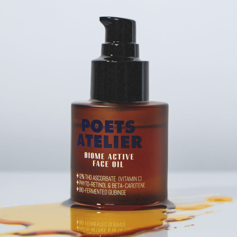 Poets Atelier Biome Active Face Oil featuring a glass bottle on a clean skincare background