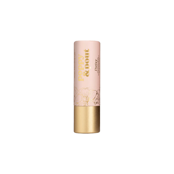 Daisy lip tint by Poppy & Pout in a cool-toned light pink shade, offering buildable color in a sustainable cardboard tube.