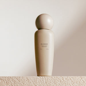 Beige bottle with 'RAESO' branding on a light beige background