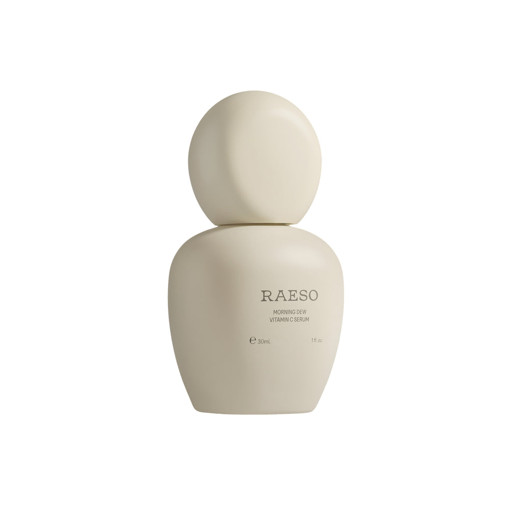 Beige serum bottle with 'RAESO' branding on a white background