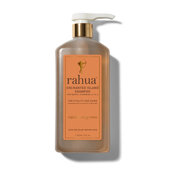 RAHUA Enchanted Island™ Shampoo Lush Pump - strengthens and adds radiance to all hair types. Vitamin and antioxidant-rich formula with plant-based Biotin, Vitamins B6, A, C, and E. Enriched with pomegranate, Guayusa, Rahua, Morete, and Sacha Inchi oils. Enchanting guava and coconut scent. Lush Pump