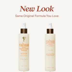 Two bottles of Rahua Heat Protectant Shield on a white background with 'New Look' text.