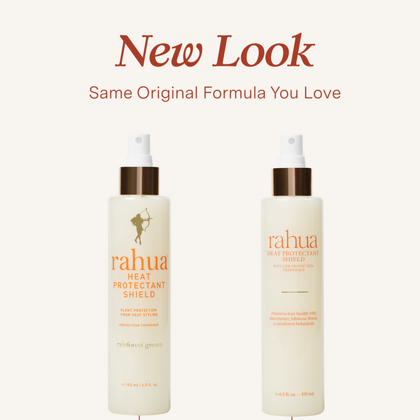 Two bottles of Rahua Heat Protectant Shield on a white background with 'New Look' text.