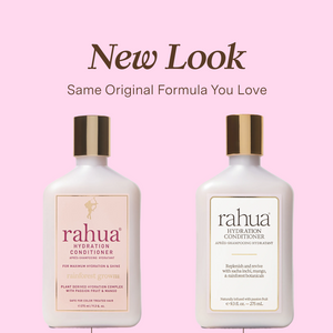 Two bottles of Rahua Hydration Conditioner on a pink background with text about a new look.