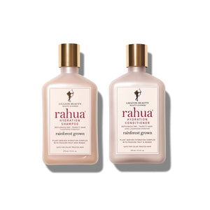 RAHUA Hydration Essential Hair Care Set - includes Hydration Shampoo and Conditioner (275 ml / 9.3 fl oz each). Scented with passion fruit and mango, this moisturizing set hydrates and balances the scalp, leaving hair stronger, healthier, smoother, and shinier. Infused with Amazonian oils and protein-bonding sugars. Ideal for all hair types experiencing dryness.