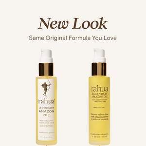 Two bottles of Rahua Legendary Amazon Oil with 'New Look' text on a white background