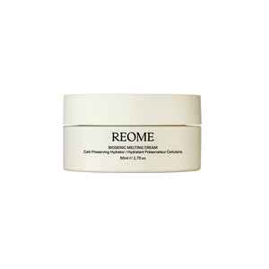 Close-up of REOME Biogenic Melting Cream in its jar, a whipped buttery facial moisturizer that melts into skin for deep hydration and a radiant, bouncy glow.