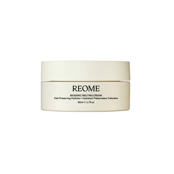 Close-up of REOME Biogenic Melting Cream in its jar, a whipped buttery facial moisturizer that melts into skin for deep hydration and a radiant, bouncy glow.