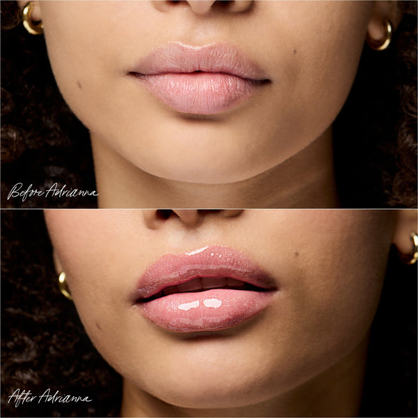 Before and after comparison of a woman's lips with lip product application.
