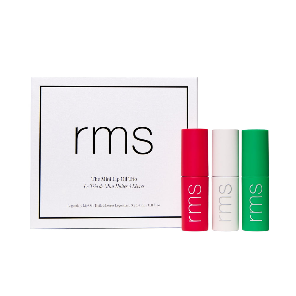 RMS Beauty Mini Lip Oil Trio – three hydrating lip oils in shades Lily, Adrianna, and Chameleon with organic vanilla extract, high-shine finish, and nourishing ingredients