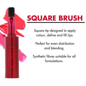Lip brush with red handle and black square tip on a white background with text about its features.