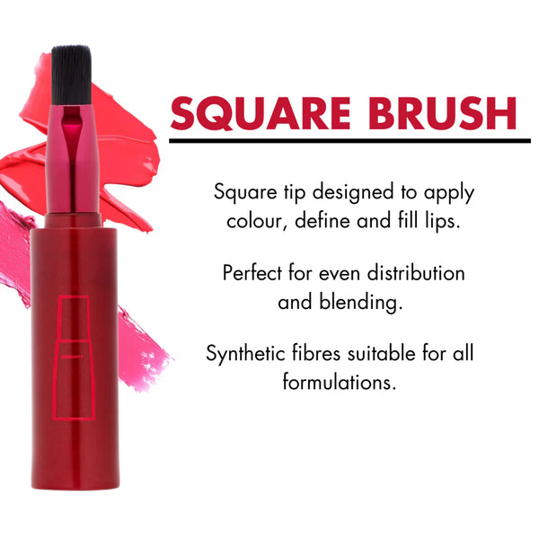 Lip brush with red handle and black square tip on a white background with text about its features.