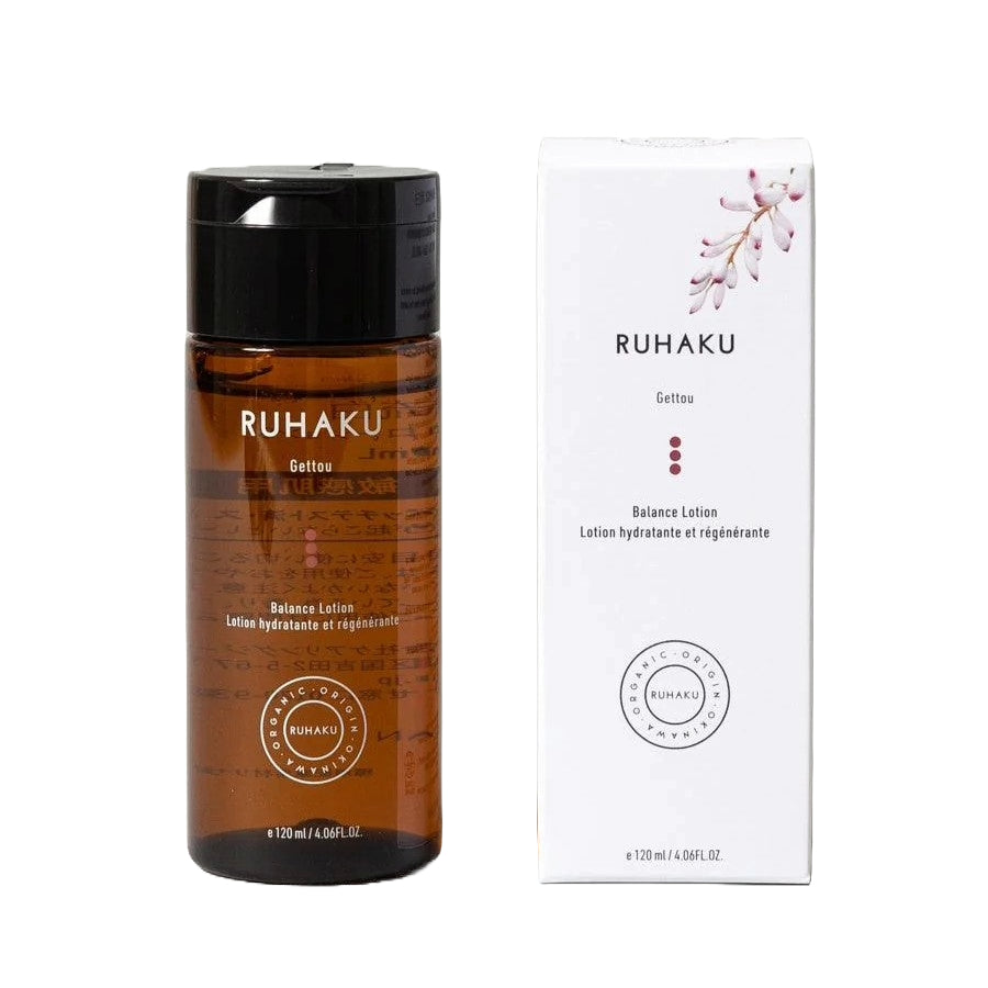 A bottle of Ruhaku Gettou Balance Lotion in an amber brown bottle with a black cap, shown against a plain white background.