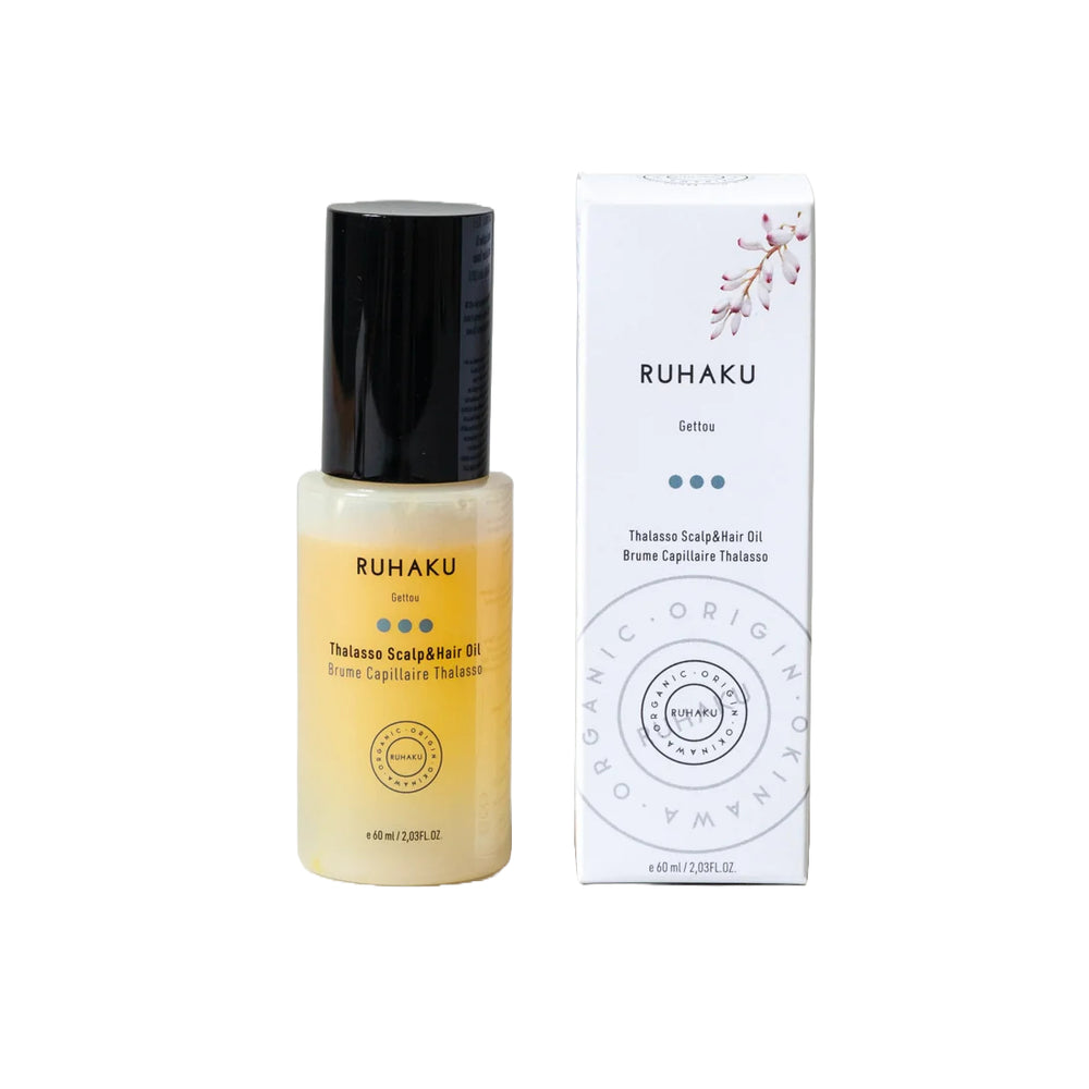 A bottle of Ruhaku Thelasse ScalpHair Oil with a black cap and a frosted glass body showing the golden-yellow oil inside, set against a plain white background.