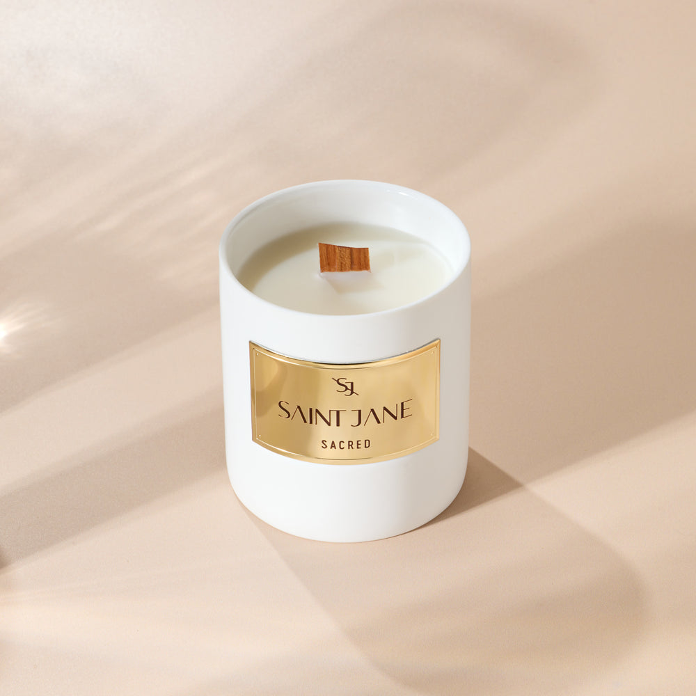 SAINT JANE Luxury Candle Sacred, vanilla orchid, dewy pear, magnolia, coconut cream, soft amber, luxury candle for mindful rituals