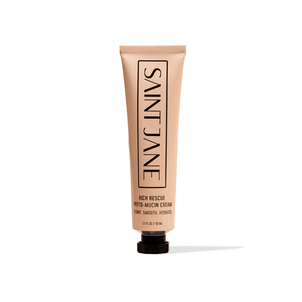 SAINT JANE Rich Rescue Phyto Mucin Cream in a tube. Vegan Korean-inspired formula with yam root, niacinamide, and hyaluronic acid.