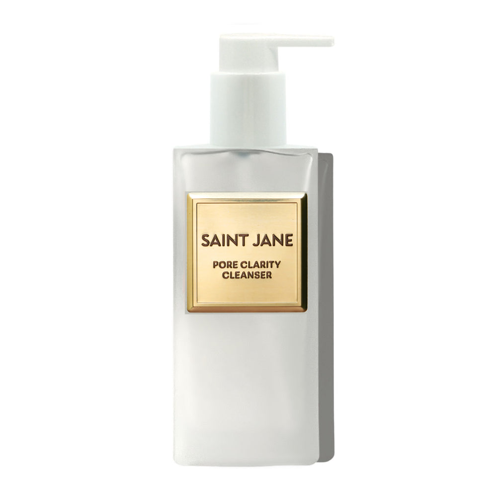 Saint Jane Pore Clarity Cleanser in a frosted white rectangular bottle with a white pump dispenser and a gold label.
