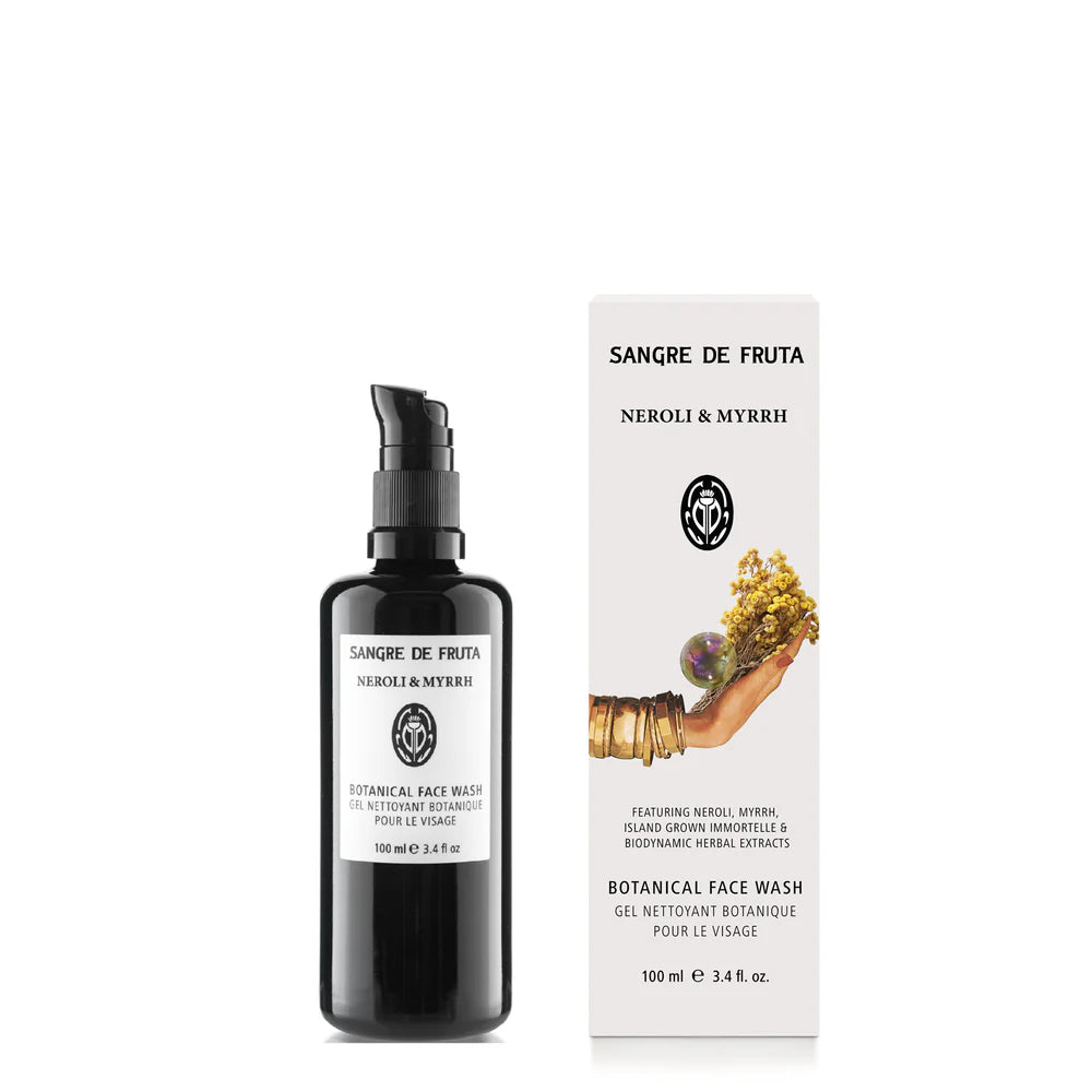 Sangre de Fruta Neroli & Myrrh Botanical Face Wash – a gel-based cleanser with neroli, myrrh, and immortelle for a soft, radiant complexion.