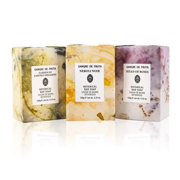 Sangre de Fruta Signature Scents Set – a limited edition trio of botanical soaps wrapped in hand-dyed paper, featuring Garden of Earthly Delights, Head of Roses, and Neroli Noir.