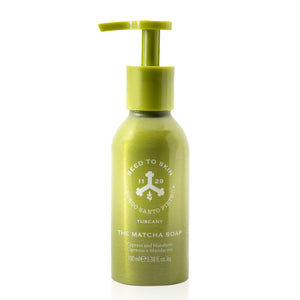 Seed to Skin Matcha Soap in a metallic olive green pump bottle with white text, set against a plain white background.