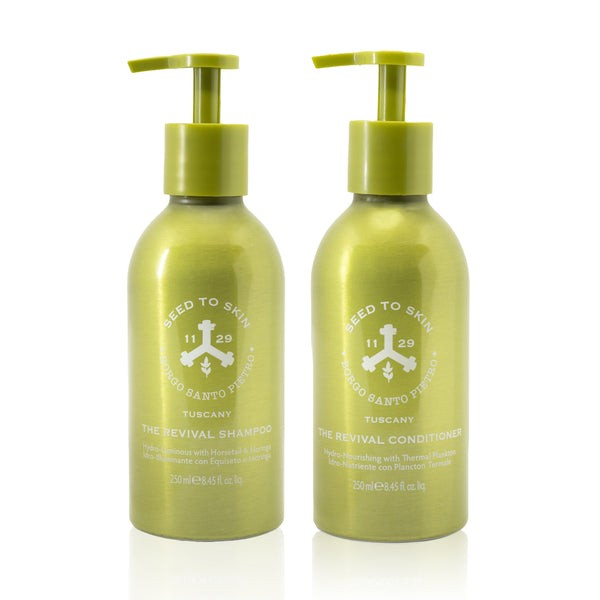 SEED TO SKIN TUSCANY The Revival Bundle - Shampoo and Conditioner set for hydrated, healthy hair.