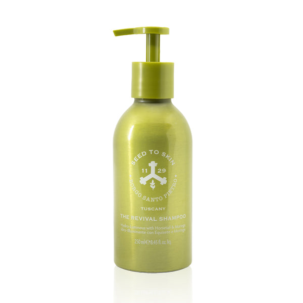 Bottle of Seed to Skin Tuscany Revival Shampoo with horsetail and moringa for hydration and nourishment.