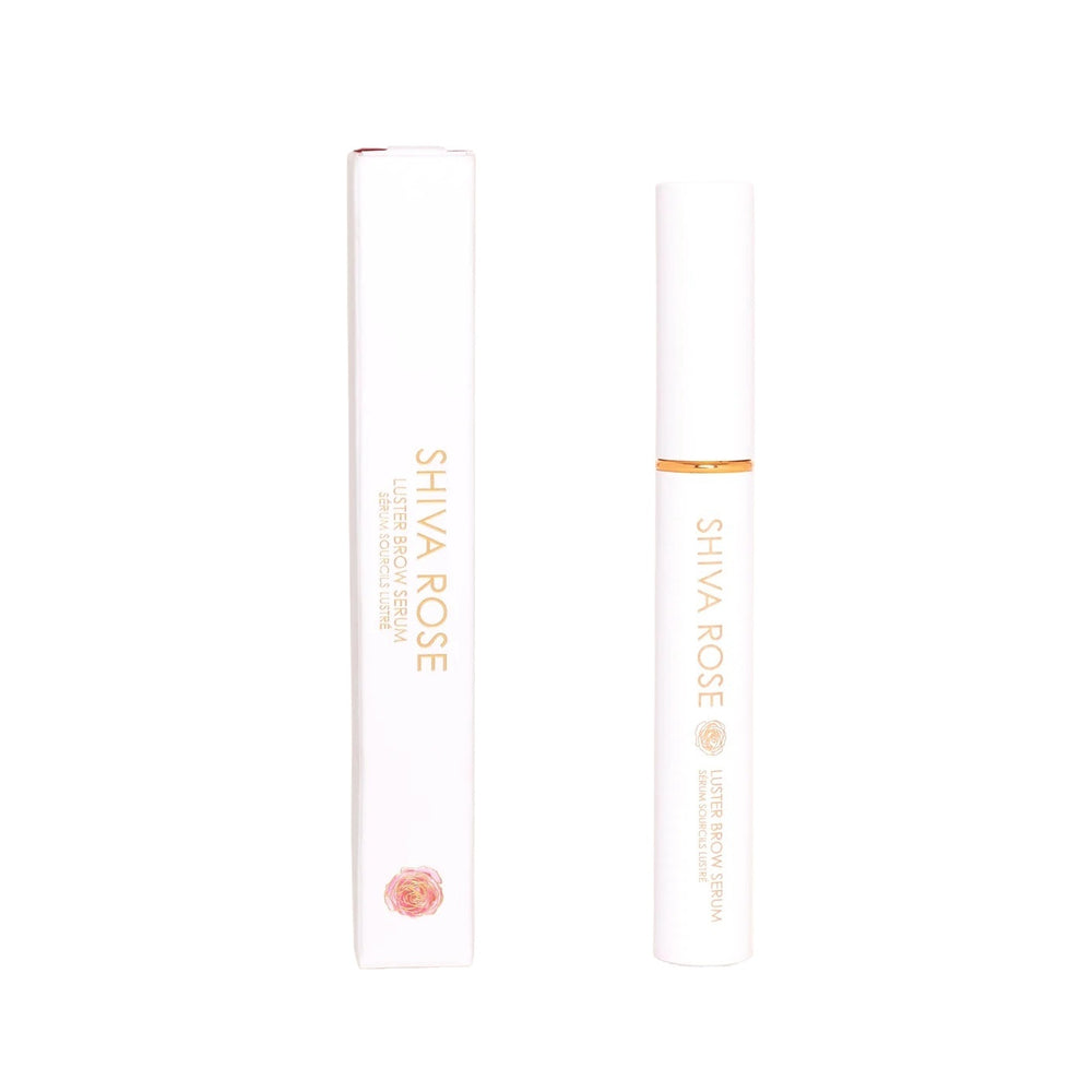 Shiva Rose Luster Brow & Lash Serum bottle with natural ingredients like biotin, castor oil, aloe, and amla fruit.