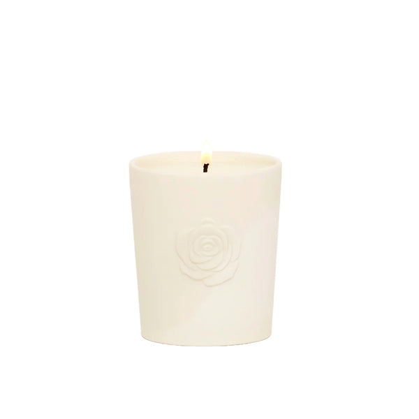 Shiva Rose Rosewood Vanilla Candle with delicate rose petals, agarwood, and vanilla fragrance, crafted with coconut wax and a lead-free wick.