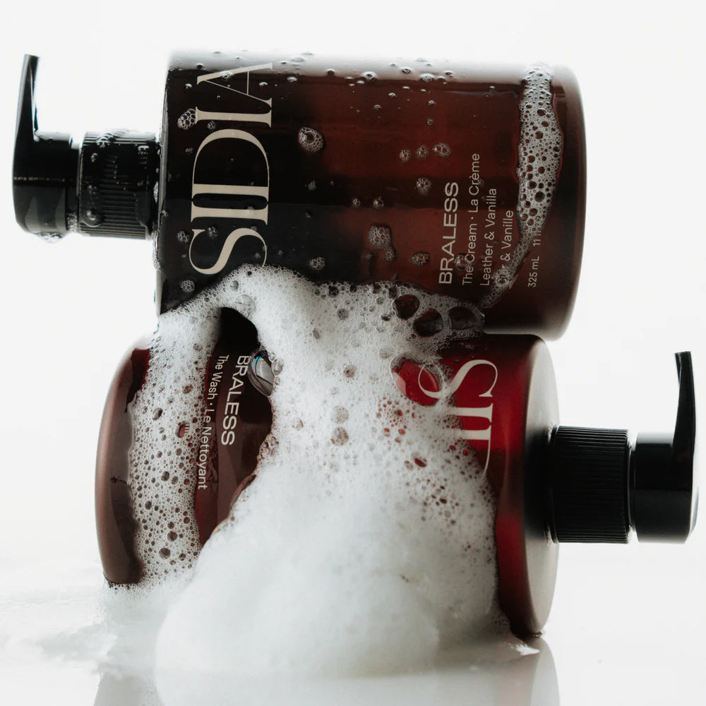 SIDIA BRALESS Wash creamy hand and body cleanser in a 350ml bottle, enriched with avocado butter, shea butter, aloe, and plant-based retinol, with coconut and soft wood fragrance notes.